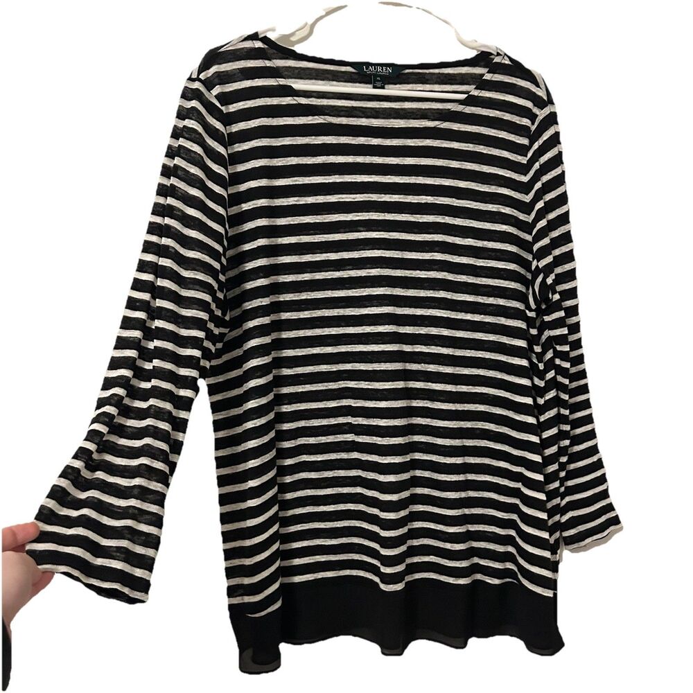 Lauren Ralph Lauren Striped Top 100% Linen Black White Basic Trim - XL